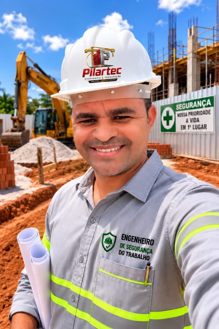 Marcos Souza, engenheiro civil e de segurança do trabalho da Pilartec, em canteiro de obras com capacete e uniforme